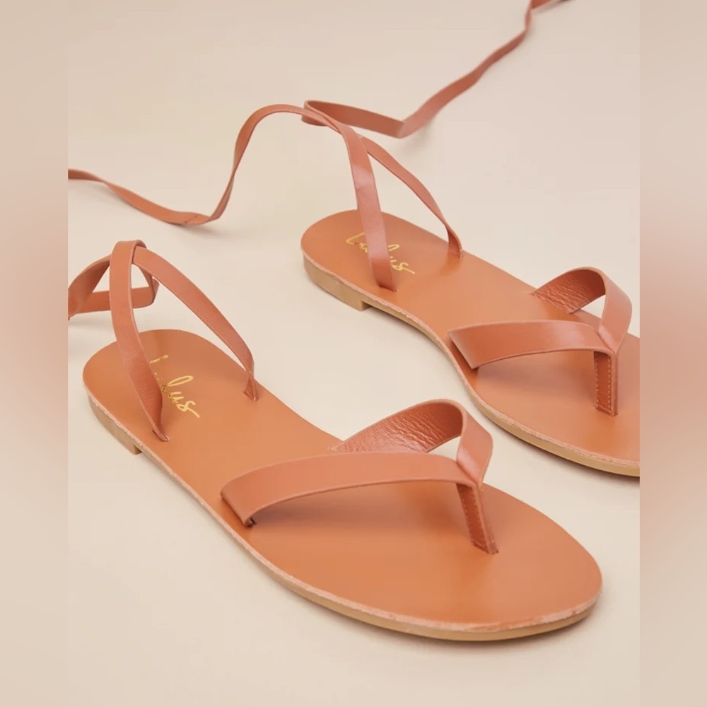 Lulu's Maire Cognac‎ Lace-Up Flat Thong Sandals - NIB